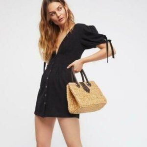 Free People Doub Dress Black Puff Sleeve Plunging V-Neck Mini Dress Size Small